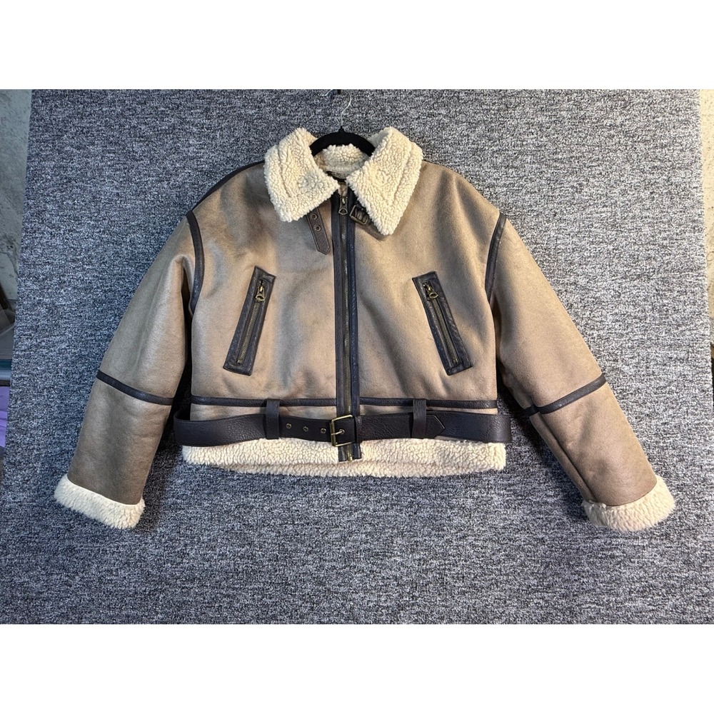 Jason Wu Tan Faux Suede Shearling Aviator Bomber Jacket Womens Medium Cropped